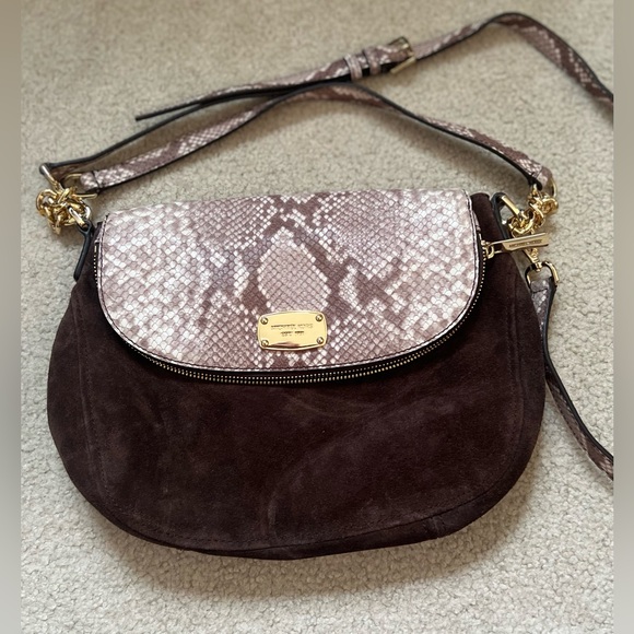 Michael Kors Embossed Python Brown Suede Shoulder Bag - Brand New - Picture 1 of 8